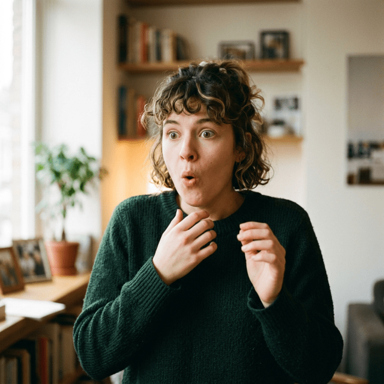 Young woman with curly hair expressing surprise indoors